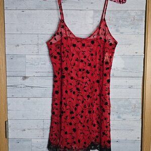 Vintage California Dynasty Red Black Sheer Floral Slip Dress Size Medium